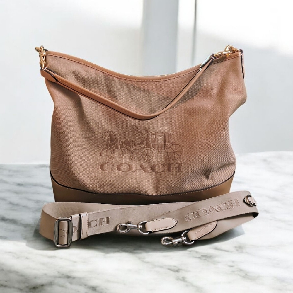 Coach Brown Leather and Tan Canvas Hobo Bag with Signature Crossbody Strap - Picture 12 of 12
